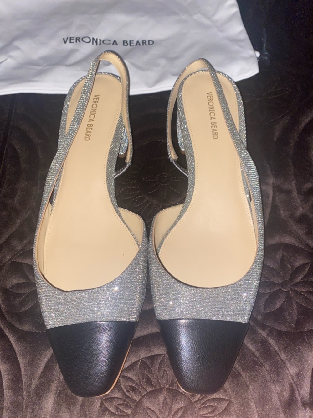 Veronica Beard Silver Glitter Slingback Flats with Black Cap Toe